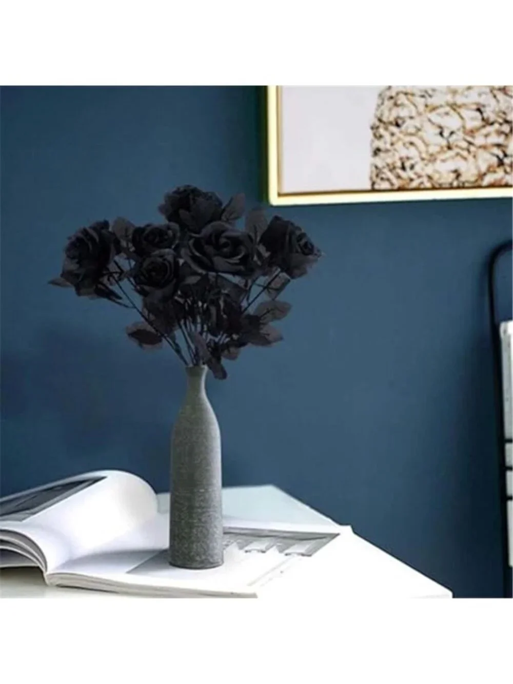 Halloween Black Roses Artificial Flowers, 12 PCS Fake Silk Flower Long Stem